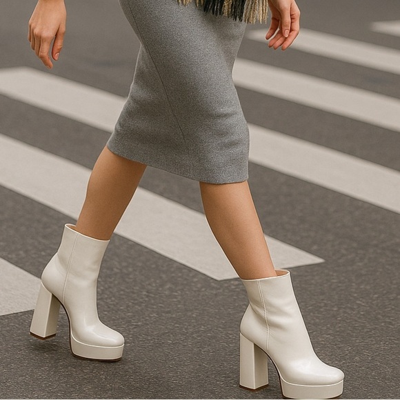 Guess BYRA Women’s Platform Block Heel Ankle Boots Ivory Patent, Size 8.5M, NWB - Picture 1 of 13